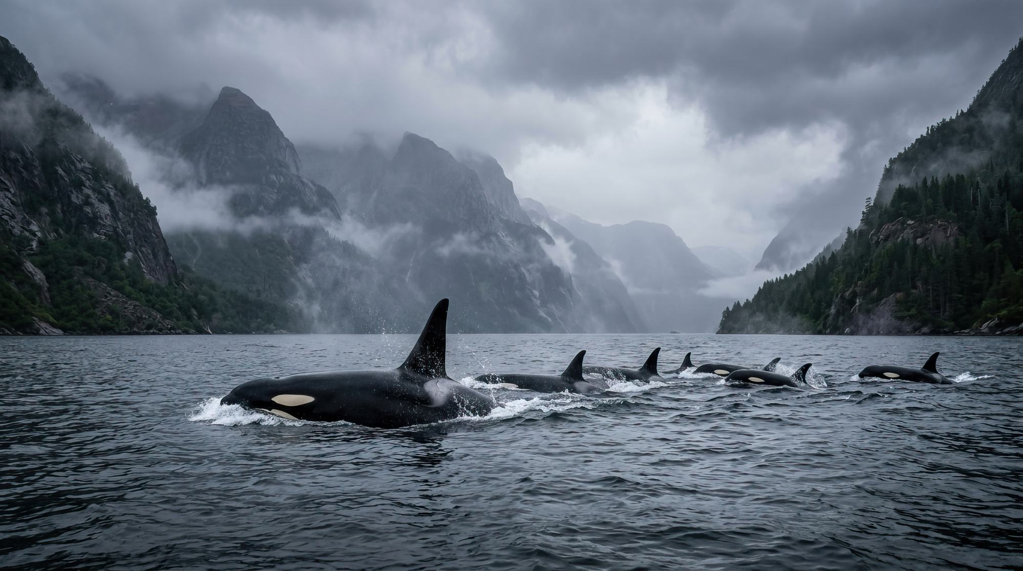 A pod of orcas moving together through a fjord, the image behind the Orca Agency headline. One pod, one direction, which is how our four divisions work.